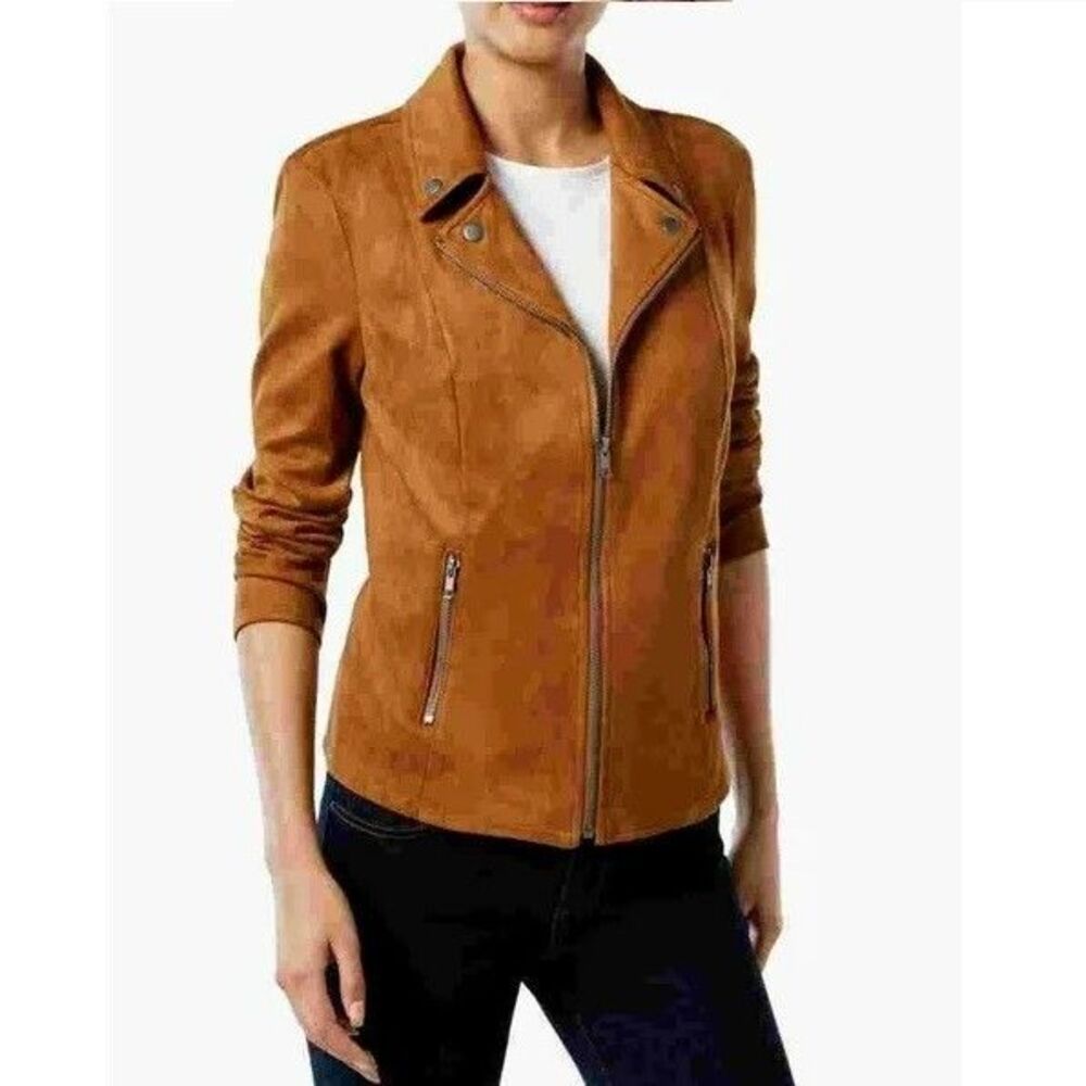 Style & Co Womens Petite PXL Saddle Brown Faux Suede Motorcycle Jacket NWT T58